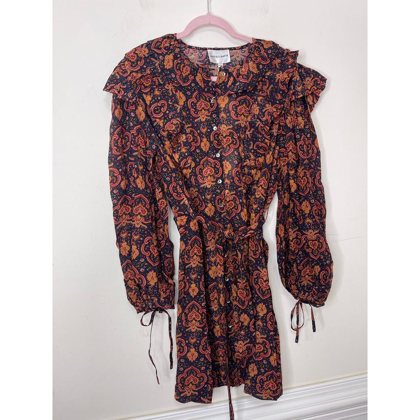 Antik Batik Mylo Printed Mini Dress Large/42 Paisley Long Sleeve Lined V-Neck