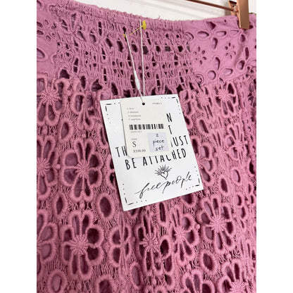 Free People Yesenia Set in Purple Small Eyelet Crochet Floral Pattern Cotton