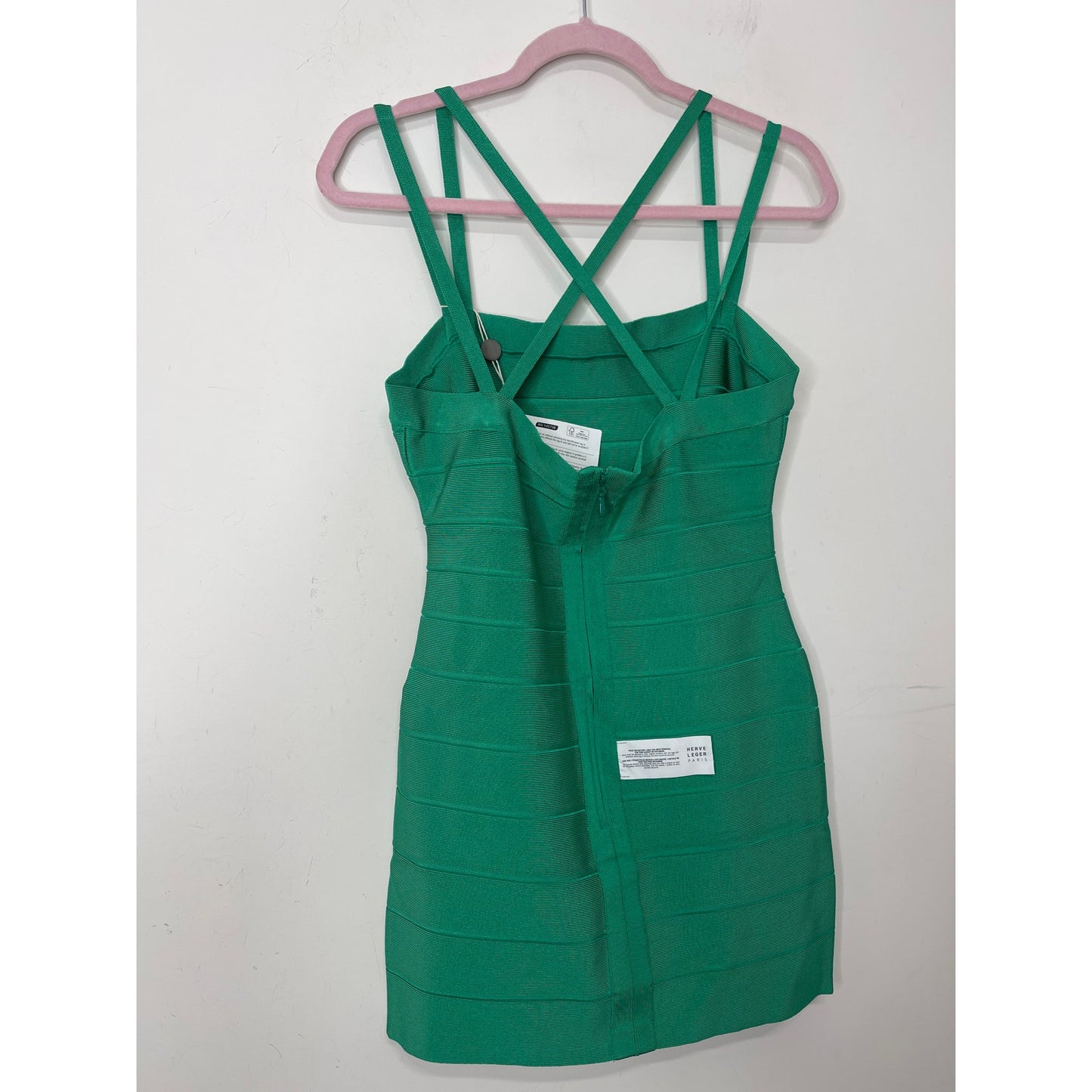 Herve Leger Criss-Cross Back Strappy Mini Dress Green Opal Large Spaghetti Strap