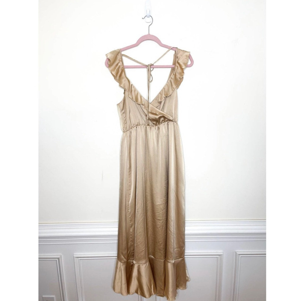 Show Me Your Mumu Samantha Ruffle Wrap Dress in Champagne Luxe Satin Size Medium