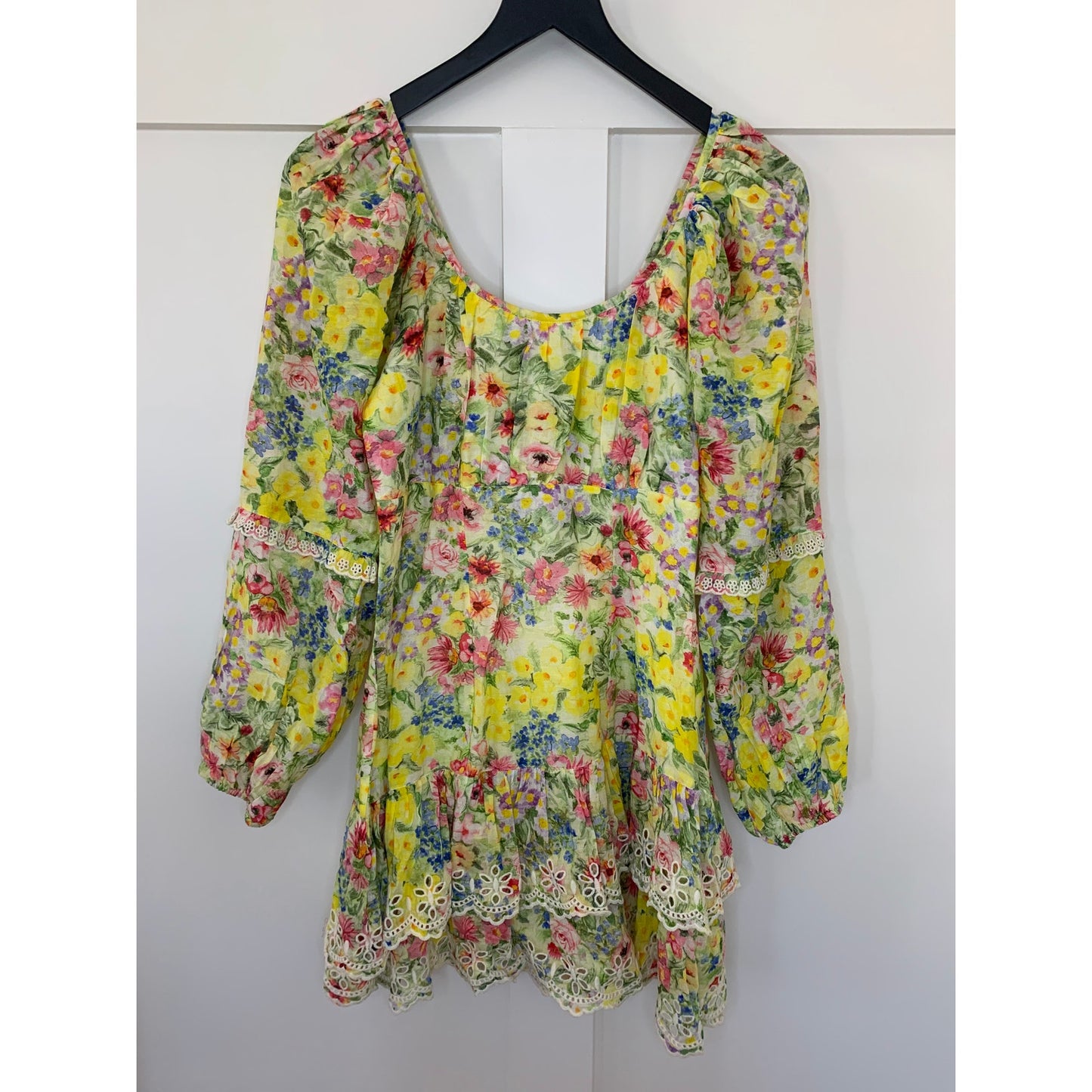 Love Shack Fancy Mini Dress Yellow Floral Print Size 6 Long Sleeve Ruffle Eyelet