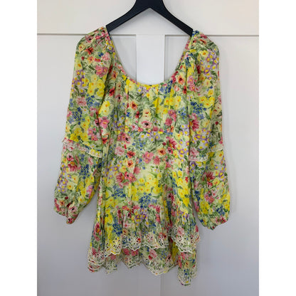 Love Shack Fancy Mini Dress Yellow Floral Print Size 6 Long Sleeve Ruffle Eyelet
