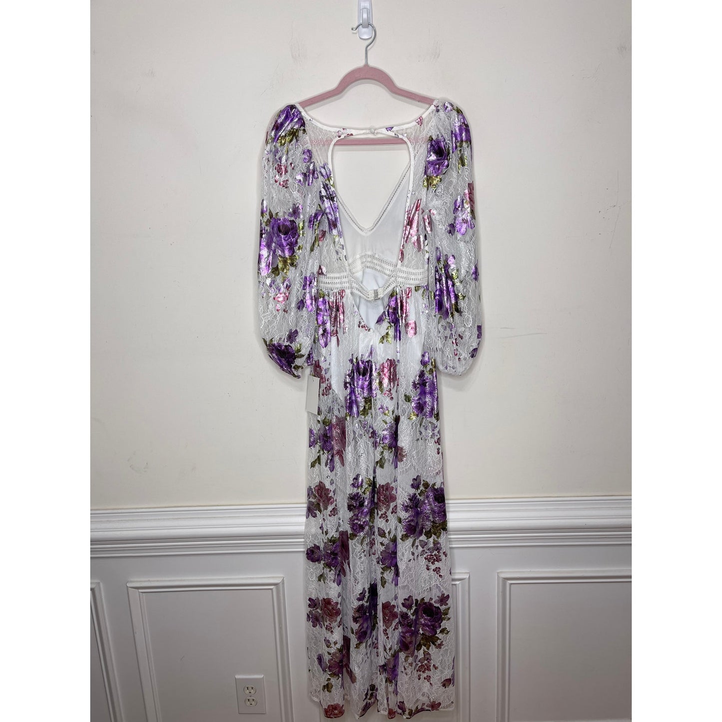 For Love and Lemons Wildflower Foil Lace Maxi Dress in Lavender Small V-Neck