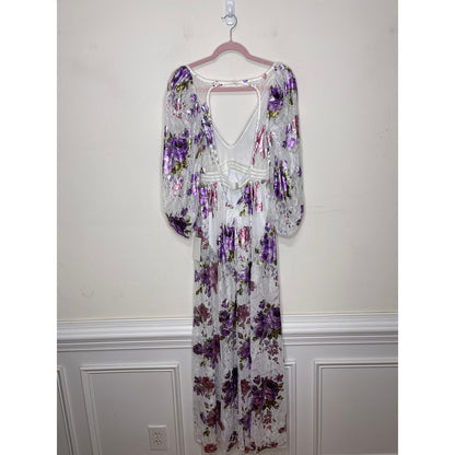 For Love and Lemons Wildflower Foil Lace Maxi Dress in Lavender Small V-Neck