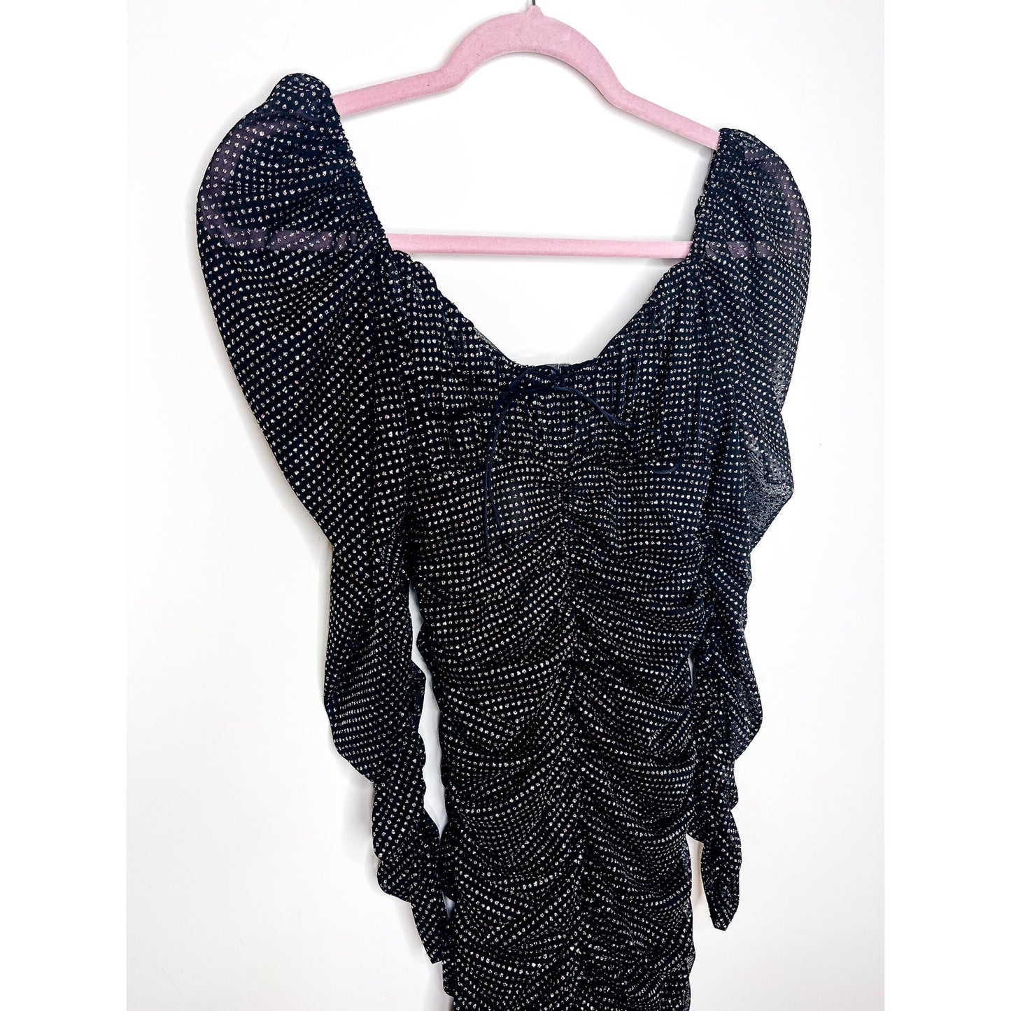 For Love & Lemons All That Glitters Black Sparkle Ruched Mini Dress Size XS