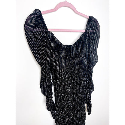 For Love & Lemons All That Glitters Black Sparkle Ruched Mini Dress Size XS