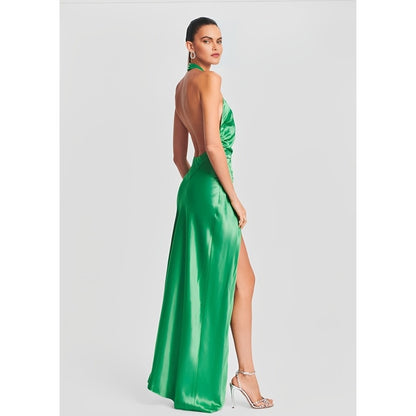 Retrofete Sabrina Dress in Natural Green Large Asymmetrical Sleeveless Satin