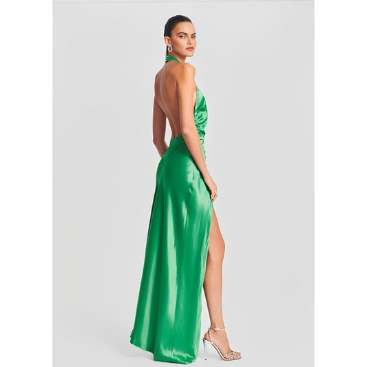 Retrofete Sabrina Dress in Natural Green Large Asymmetrical Sleeveless Satin
