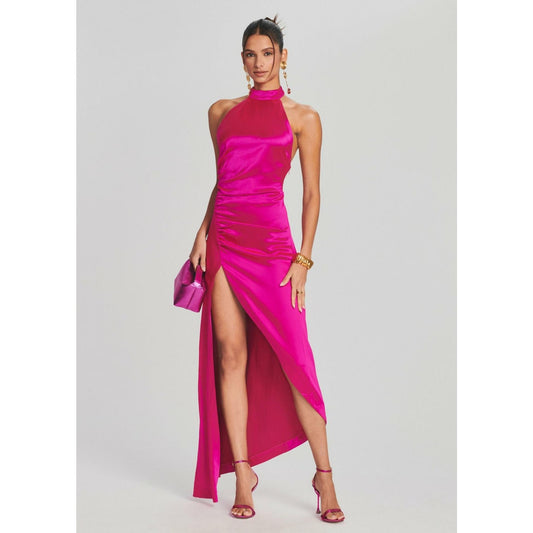 Retrofete Sabrina Dress Neon Pink Large Backless Satin Sleeveless Asymmetrical