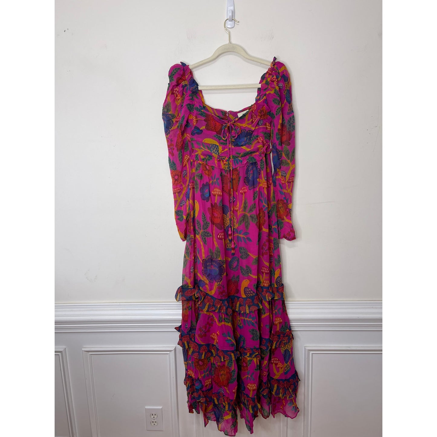 Farm Rio Sweet Forest Maxi Dress Pink Size XS Floral Long Sleeve Keyhole Lined