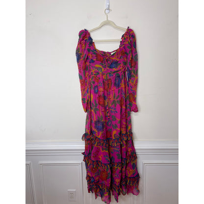 Farm Rio Sweet Forest Maxi Dress Pink Size XS Floral Long Sleeve Keyhole Lined