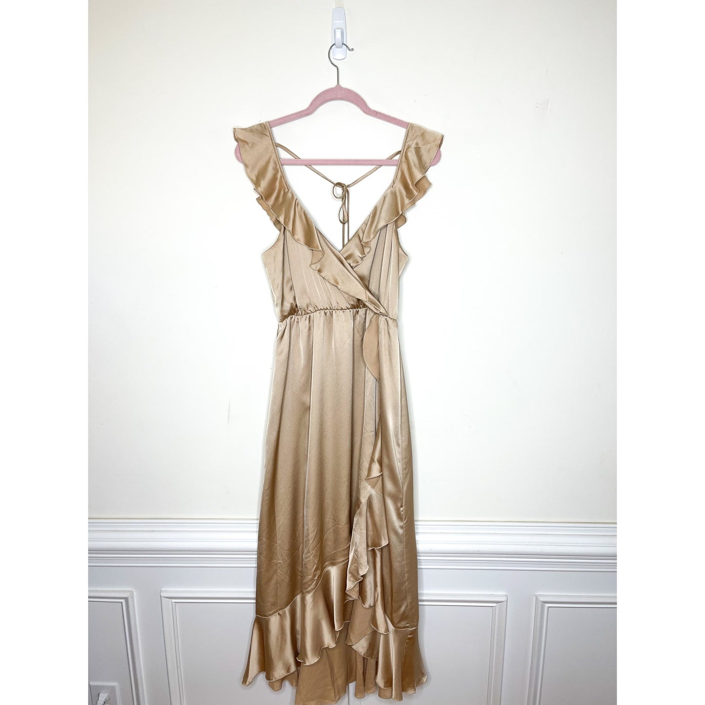 Show Me Your Mumu Samantha Ruffle Wrap Dress in Champagne Luxe Satin Size Large