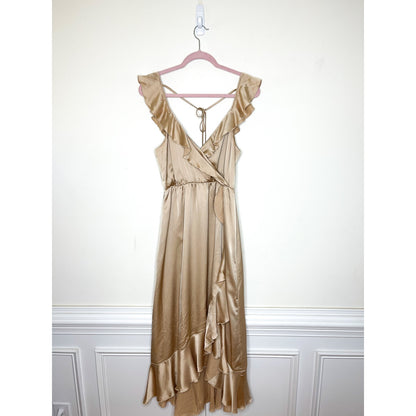 Show Me Your Mumu Samantha Ruffle Wrap Dress in Champagne Luxe Satin Size Large