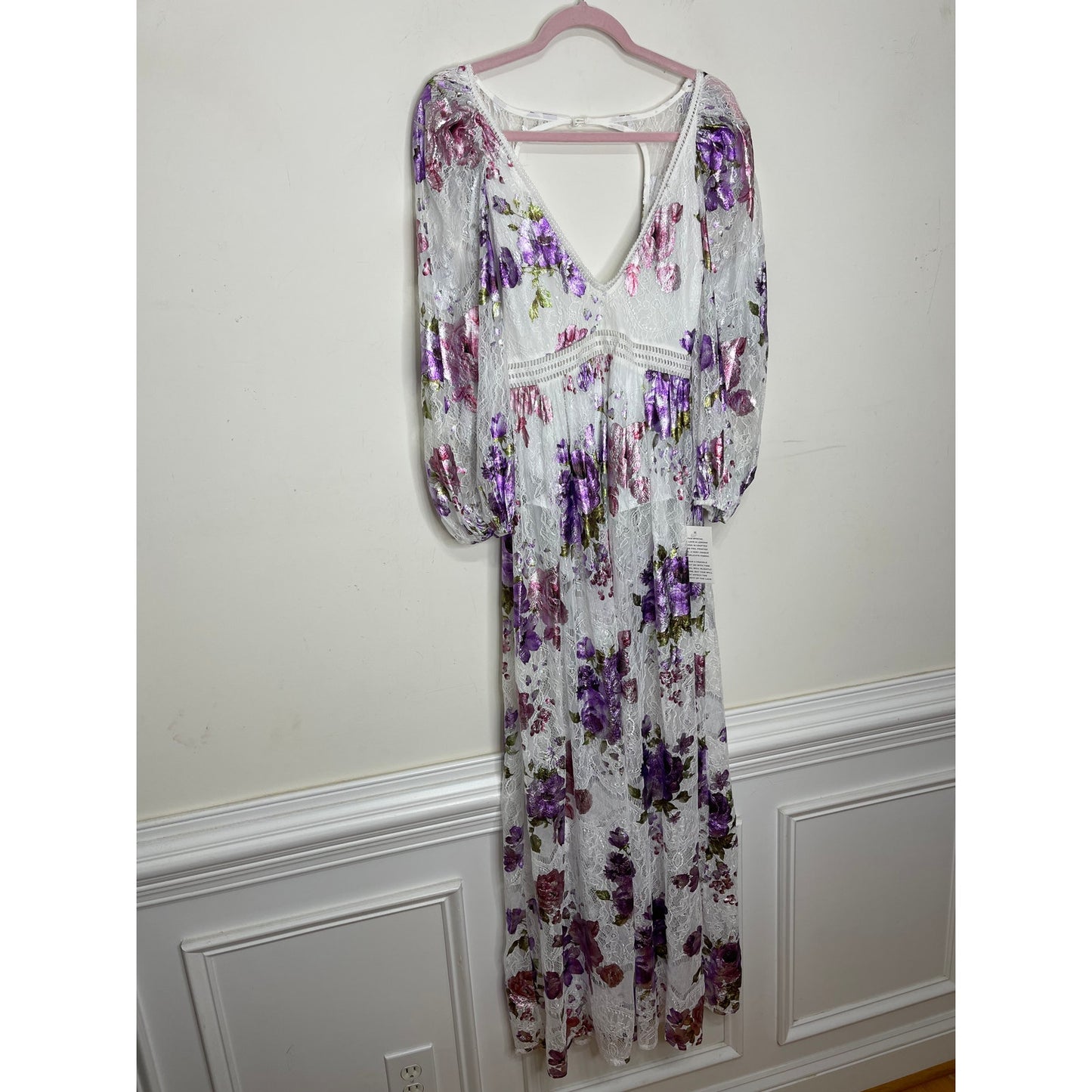 For Love and Lemons Wildflower Foil Lace Maxi Dress in Lavender Small V-Neck