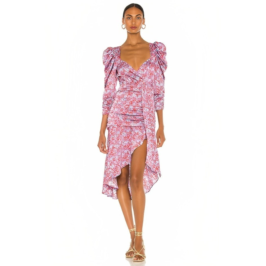 For Love & Lemons Charlie Midi Dress Size XS Blossom Puff Sleeve Asymmetrical