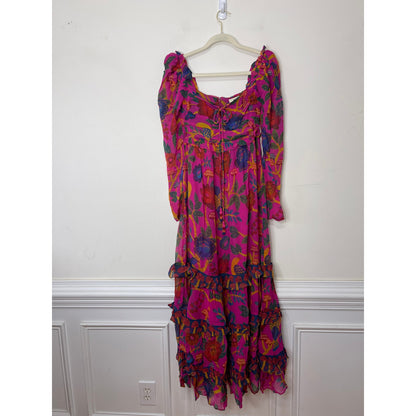 Farm Rio Sweet Forest Maxi Dress Pink Size XS Floral Long Sleeve Keyhole Lined