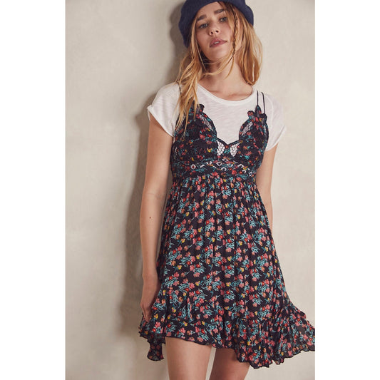 Free People Adella Printed Mini Slip Dress in Black combo Size Small FRE361
