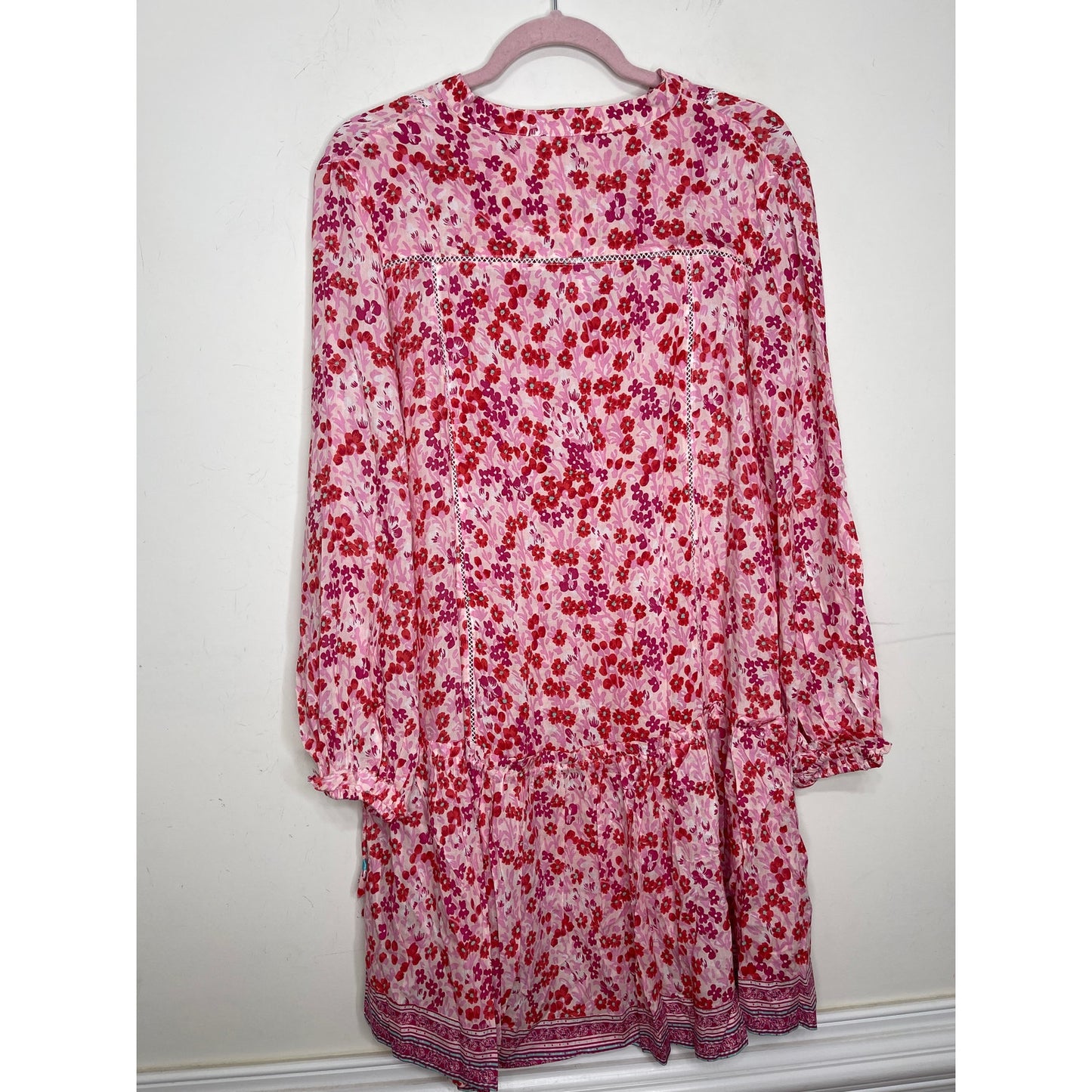 Poupette St. Barth Sylvia Drop Waist Mini Dress in Pink Daffodil Medium Tasseled