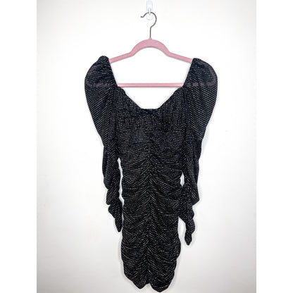 For Love & Lemons All That Glitters Black Sparkle Ruched Mini Dress Size XS