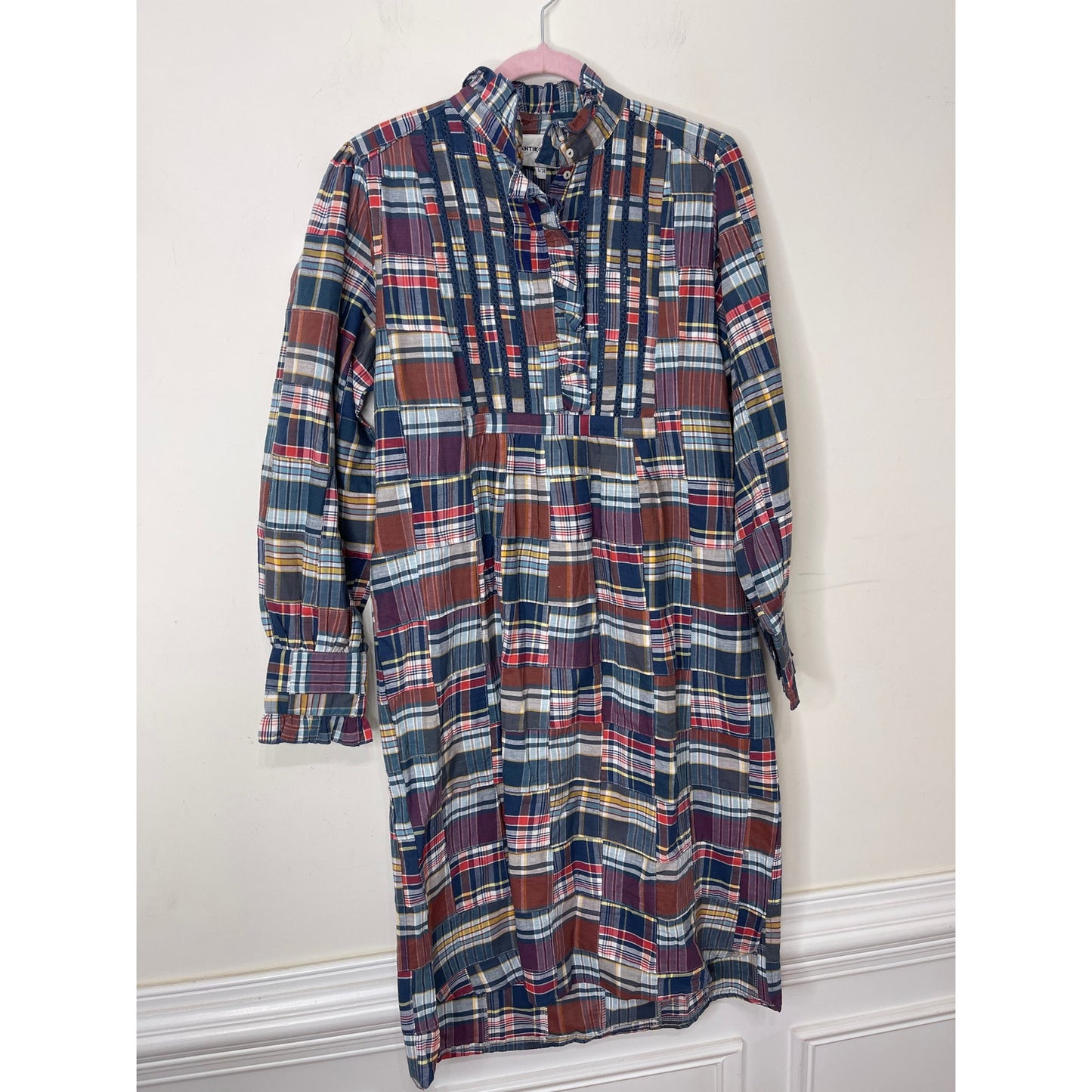 Antik Batik Jerro Dress in Blue Patchwork Checked Small/38 Long Sleeve Cotton