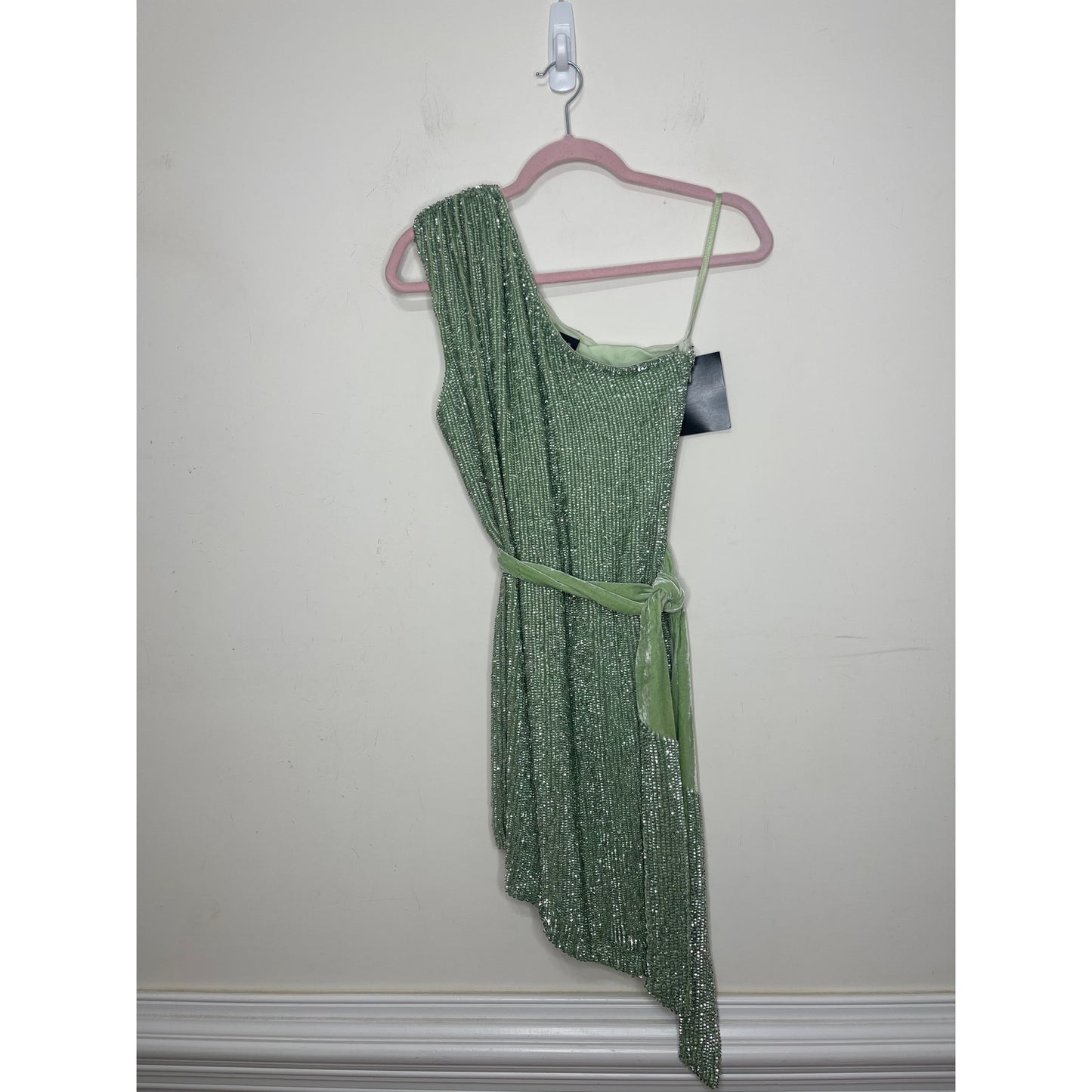 Retrofete Ellla Sequin Dress in Sage Small Mini One Shoulder Sleeveless Party