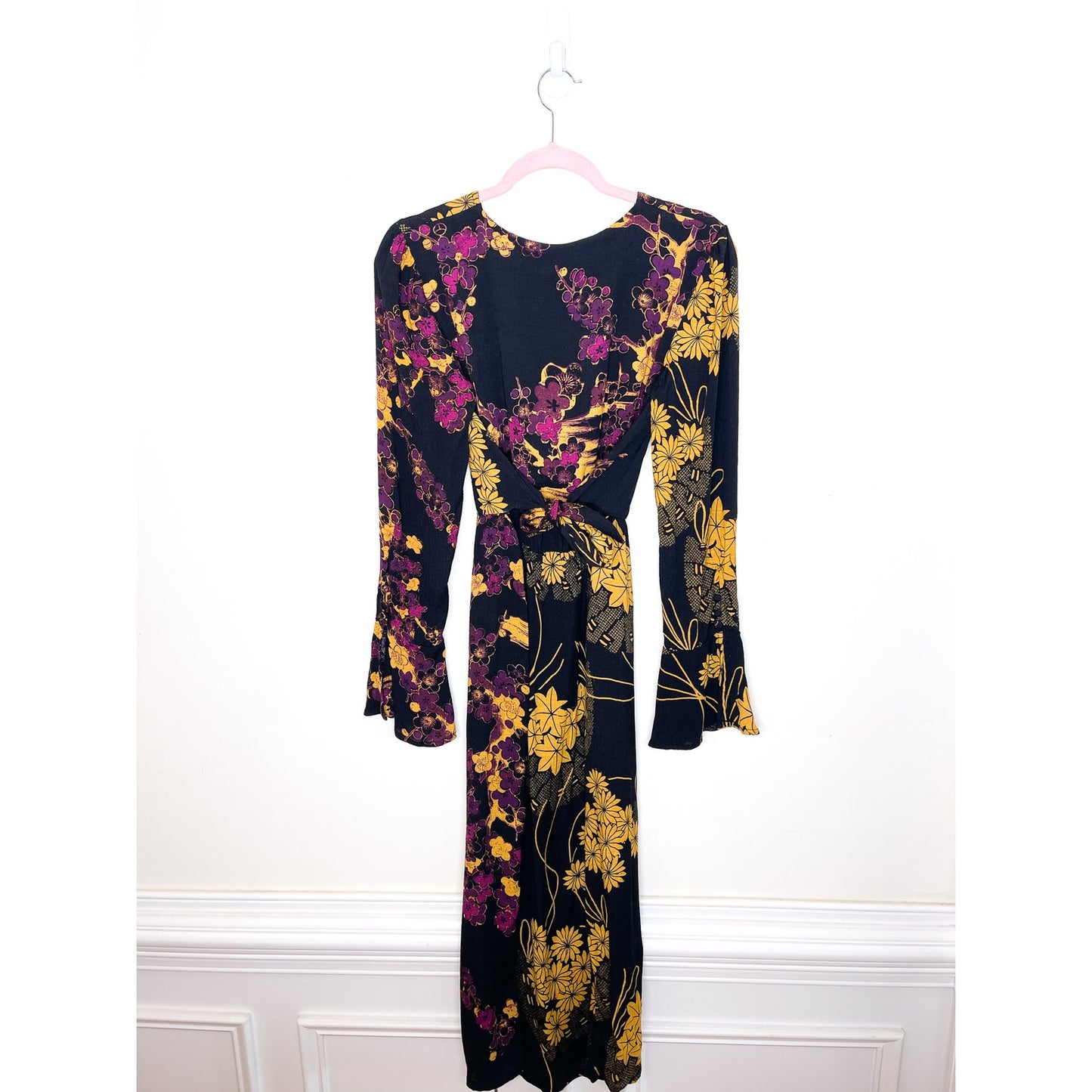 Free People Black Floral Print Long Sleeve Maxi Dress Size Small
