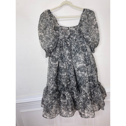 Selkie The French Puff Dress Small Navy Blue Floral Short Sleeve Square Neck