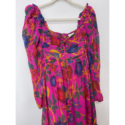 Farm Rio Sweet Forest Maxi Dress Pink Size XS Floral Long Sleeve Keyhole Lined