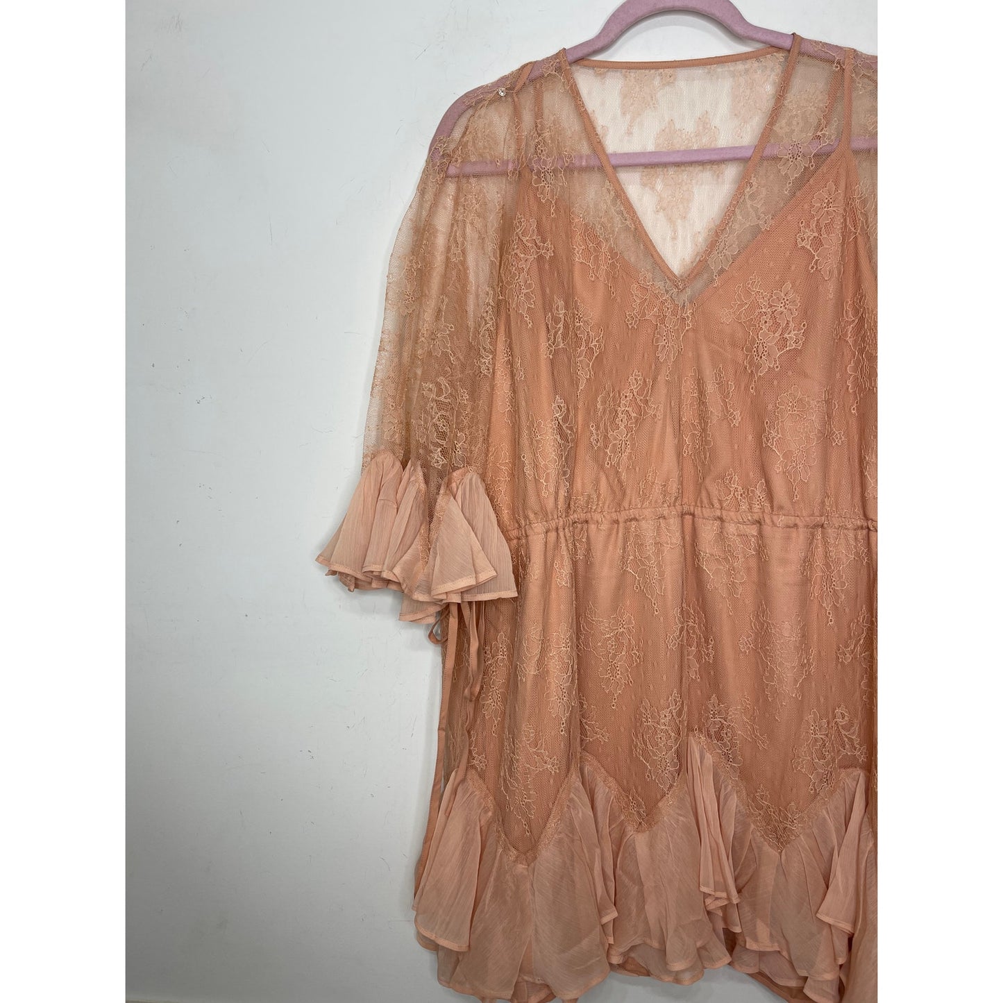 Stevie May Arid Dreams Lace Mini Dress Size XL Coral Pink Half Sleeve Ruffles