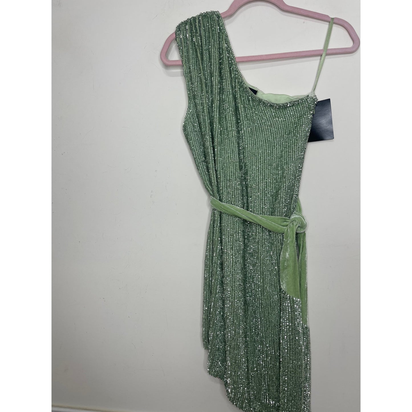 Retrofete Ellla Sequin Dress in Sage Small Mini One Shoulder Sleeveless Party