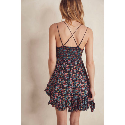 Free People Adella Printed Mini Slip Dress in Black combo Size Small