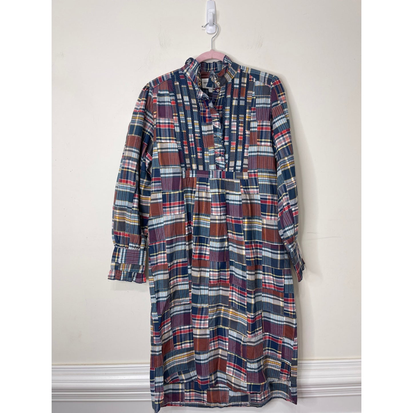 Antik Batik Jerro Dress in Blue Patchwork Checked Small/38 Long Sleeve Cotton
