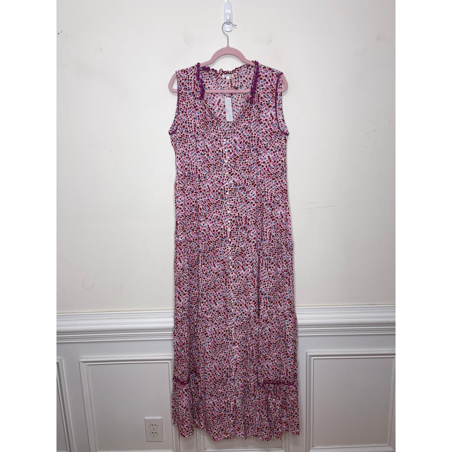 Poupette St. Barth Clara Maxi Dress Pink Tulip Large Floral Sleeveless Ruffles