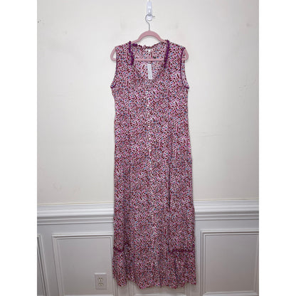 Poupette St. Barth Clara Maxi Dress Pink Tulip Large Floral Sleeveless Ruffles