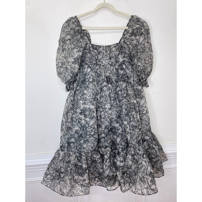 Selkie The French Puff Dress Small Navy Blue Floral Short Sleeve Square Neck
