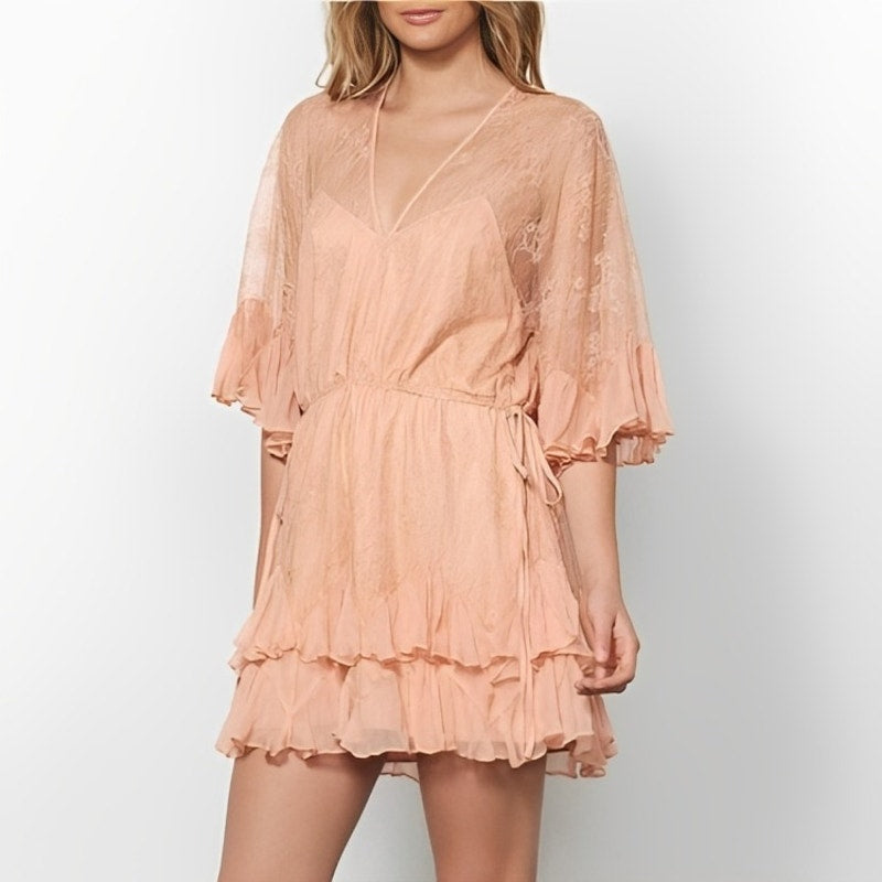 Stevie May Arid Dreams Lace Mini Dress Size XL Coral Pink Half Sleeve Ruffles
