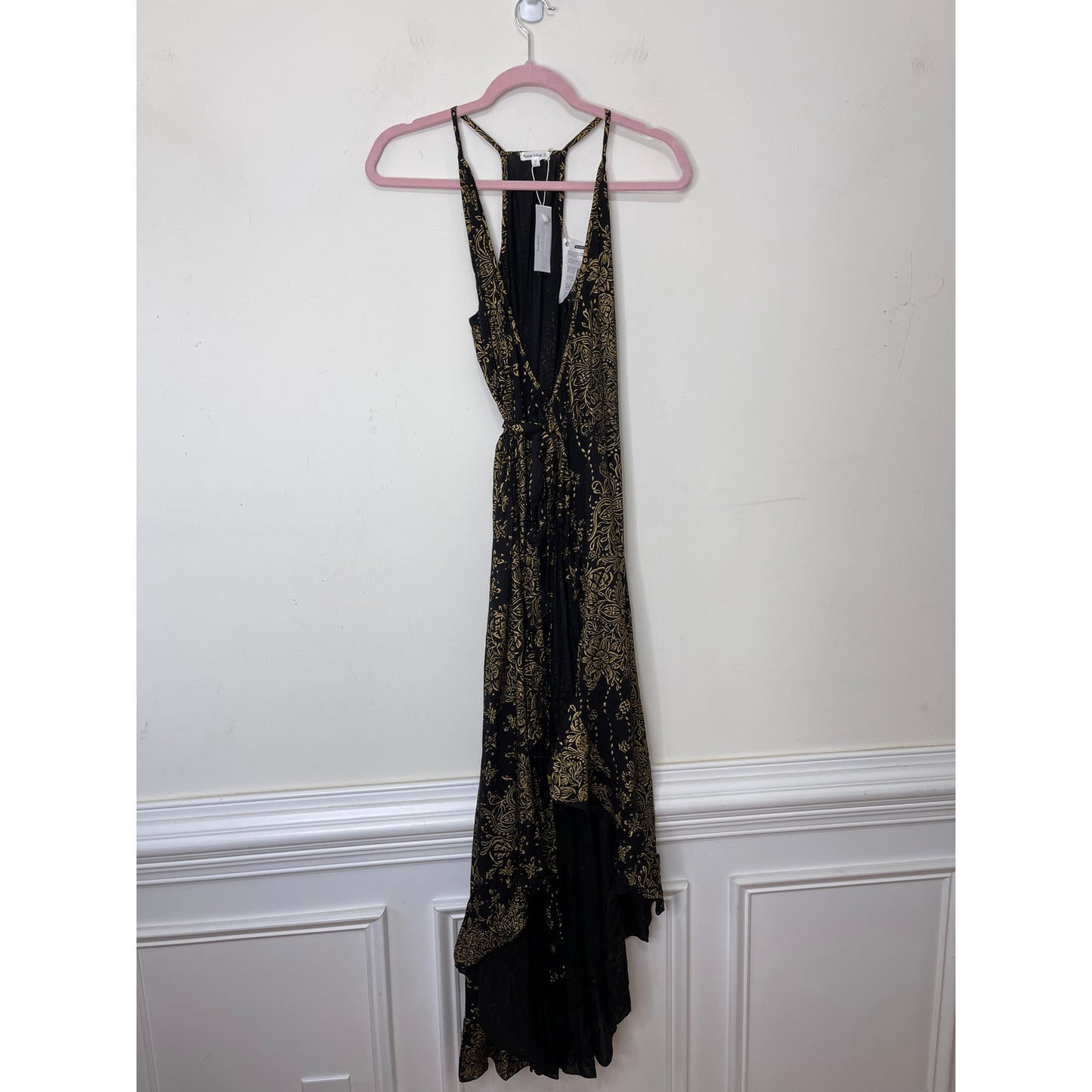Poupette St. Barth Black & Gold Printed Wrap Midi Dress Size XS Sleeveless