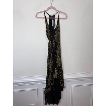 Poupette St. Barth Black & Gold Printed Wrap Midi Dress Size XS Sleeveless