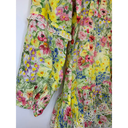 Love Shack Fancy Mini Dress Yellow Floral Print Size 6 Long Sleeve Ruffle Eyelet