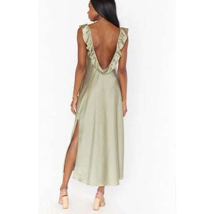 Show Me Your Mumu Serene Slip Dress in Moss Green Luxe Satin Size Medium