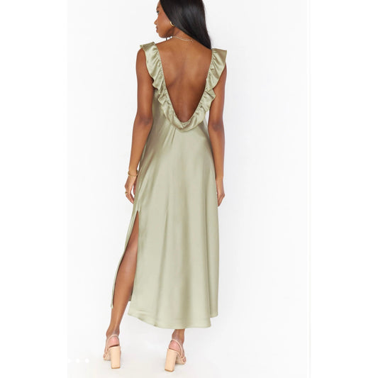 Show Me Your Mumu Serene Slip Dress in Moss Green Luxe Satin Size Medium