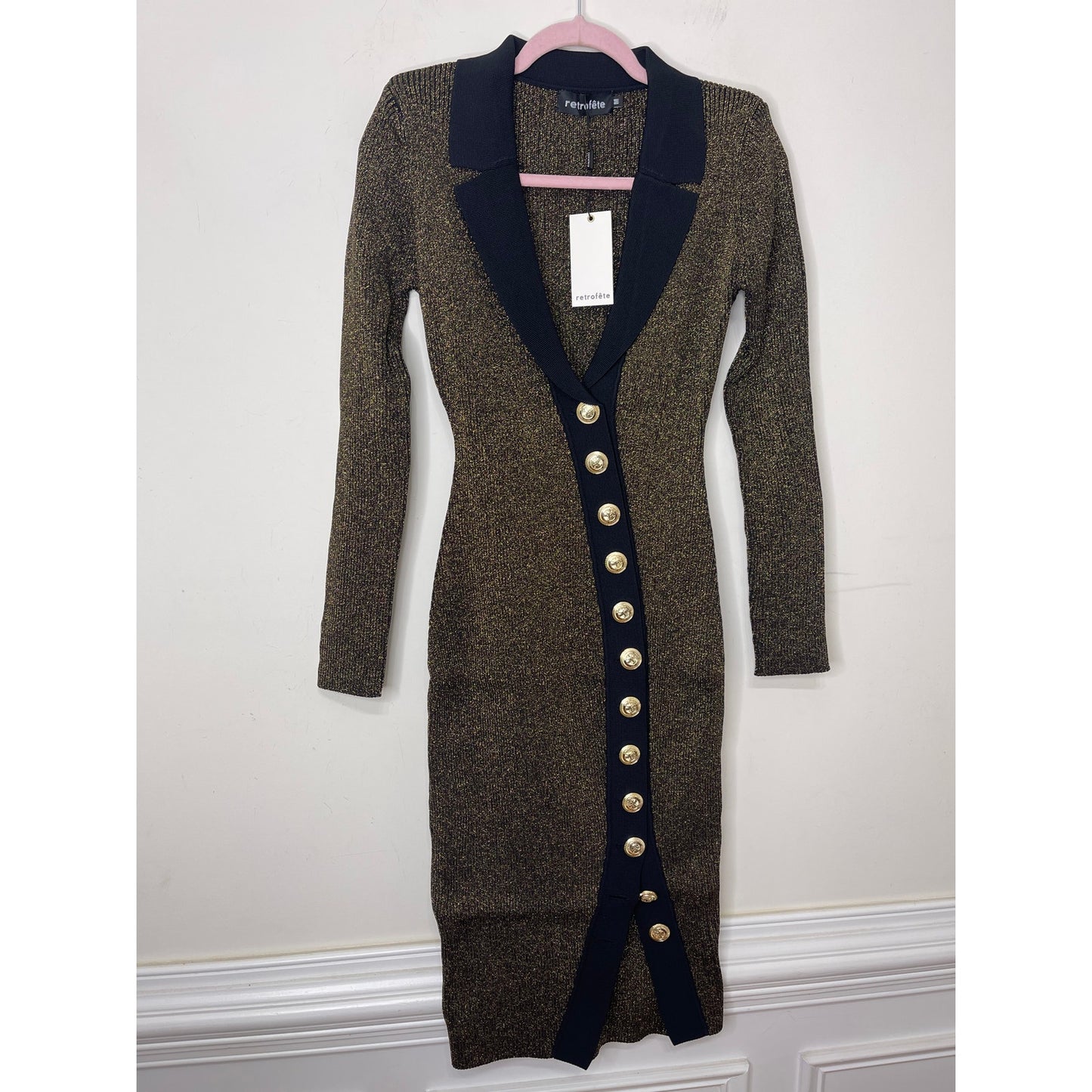 Retrofete Cassidy Cutaway-Hem Dress in Metallic Black/Gold Medium Long Sleeve