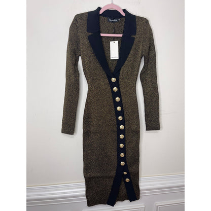 Retrofete Cassidy Cutaway-Hem Dress in Metallic Black/Gold Medium Long Sleeve