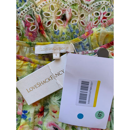 Love Shack Fancy Mini Dress Yellow Floral Print Size 6 Long Sleeve Ruffle Eyelet
