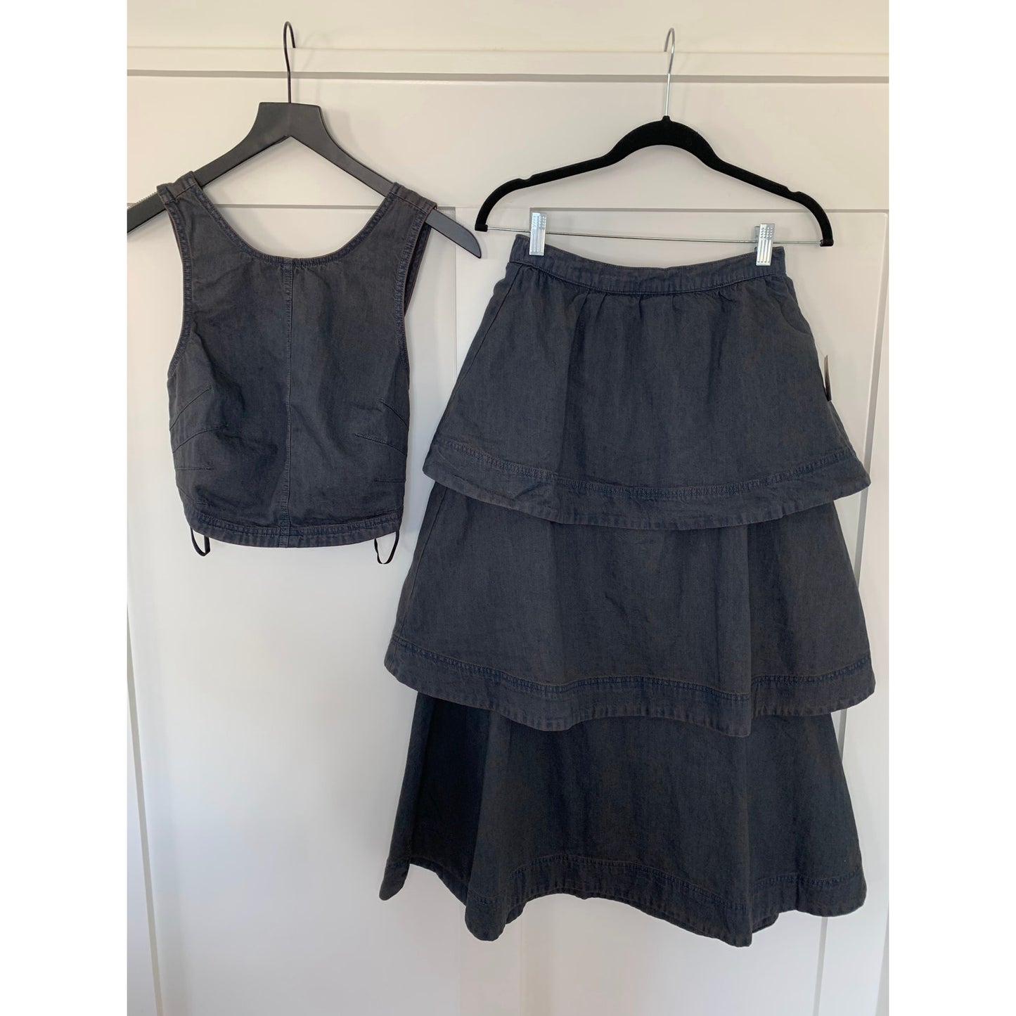 Free People Ryder Denim Set in After Dark Black Small Sleeveless Tiered Cotton