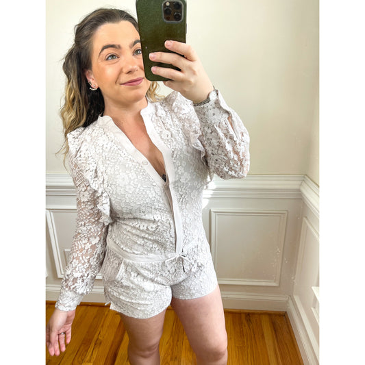 David Lerner Dusty Lavender Lace Ruffle Long Sleeve Romper Size XS