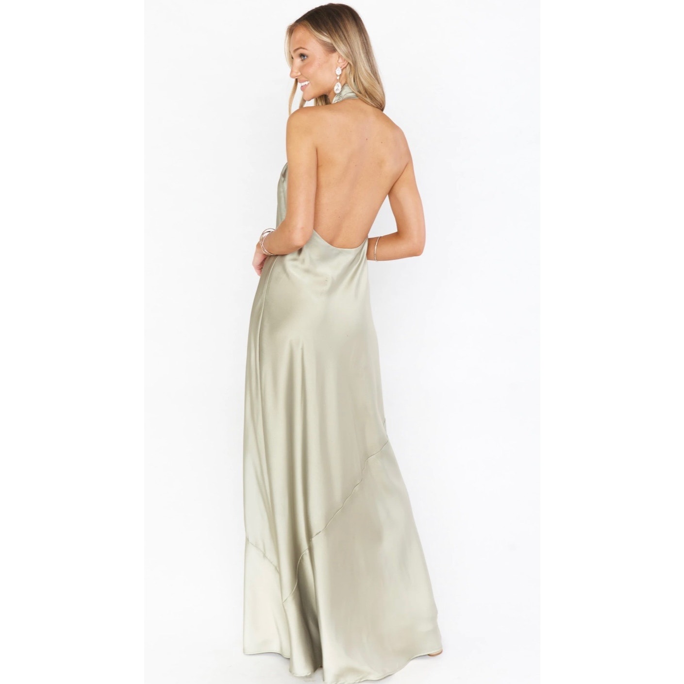 Show Me Your Mumu Jasmine Halter Maxi Dress in Moss Green Luxe Satin Size XXS