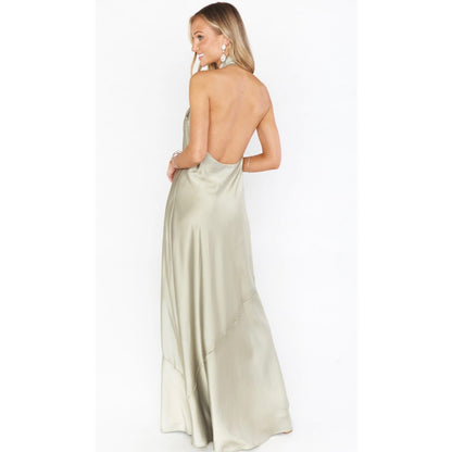 Show Me Your Mumu Jasmine Halter Maxi Dress in Moss Green Luxe Satin Size XXS