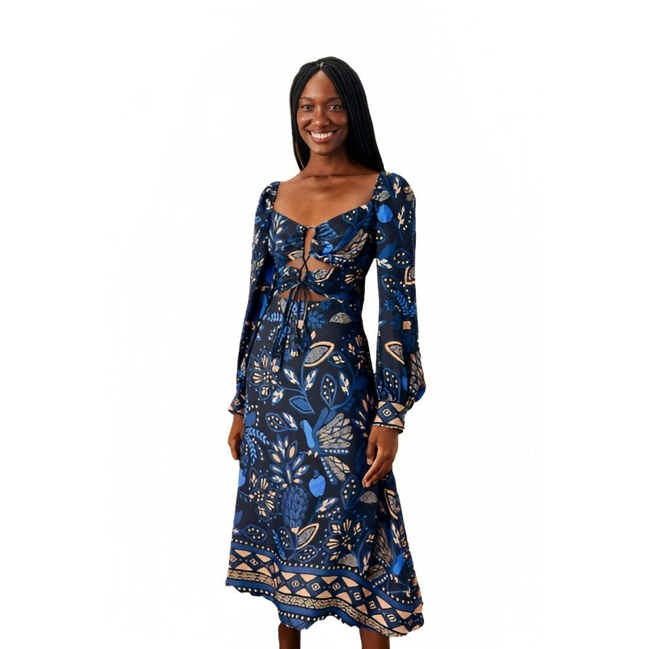 Farm Rio Macaw Forest Cutout Midi Dress Large Black Floral Long Sleeve Tie Front