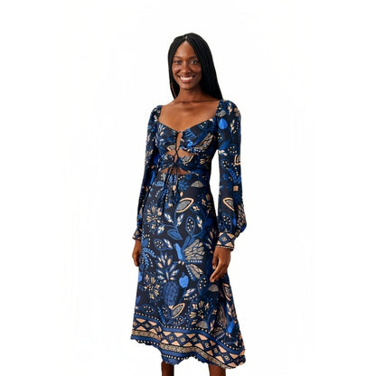 Farm Rio Macaw Forest Cutout Midi Dress Large Black Floral Long Sleeve Tie Front